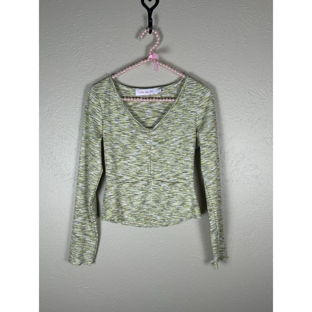 Lisa Says Gah Top Size Small Long Sleeve V-Neck Green Gray Y2K Shirt Made in USA